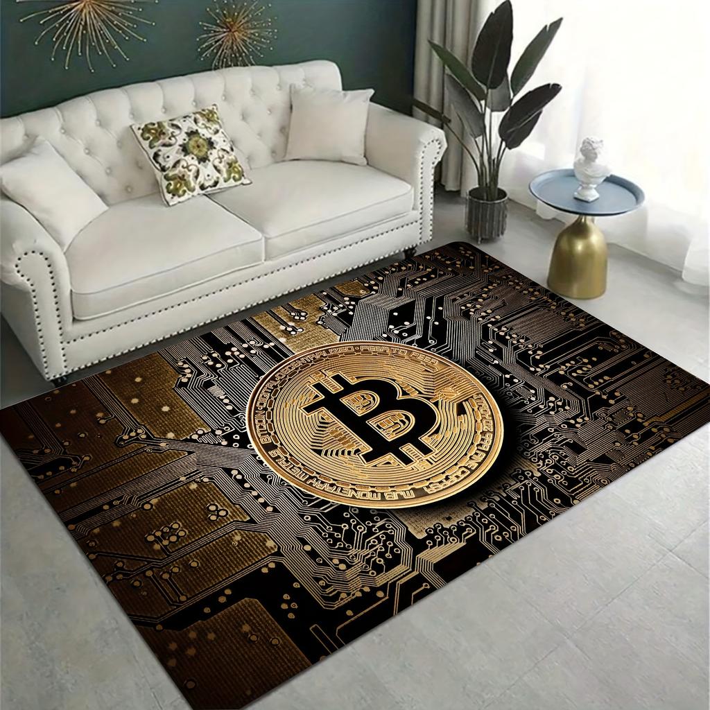 Bitcoin Pattern Area Rug, Non-Slip Mat for Kids' Room, Living Room, Bedroom, Game Room, Entryway, Bathroom, Home Decor