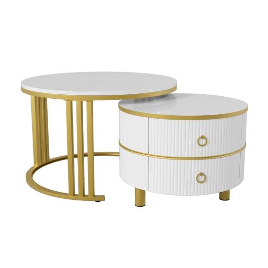 Rounded Edge Coffee Table with 2 Drawers Strong Load-bearing Spacious Desktop High-Gloss Marble Pattern Tea Table Living Room