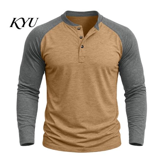 Contrast Raglan Sleeve Tees Men Shirt, Color Block Long T-Shirt, Button Neck Gift for Husband Dad Vintage Basic Tee Top Gym Street Daily Wear Durable