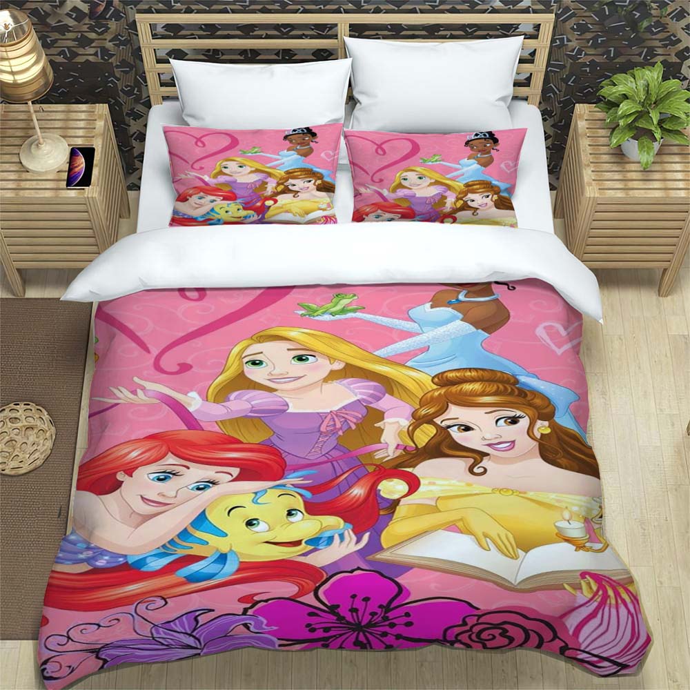 Princess series duvet cover set, 3D children's bedding three-piece set, includes 1 duvet cover and 2 pillowcases, extra large si