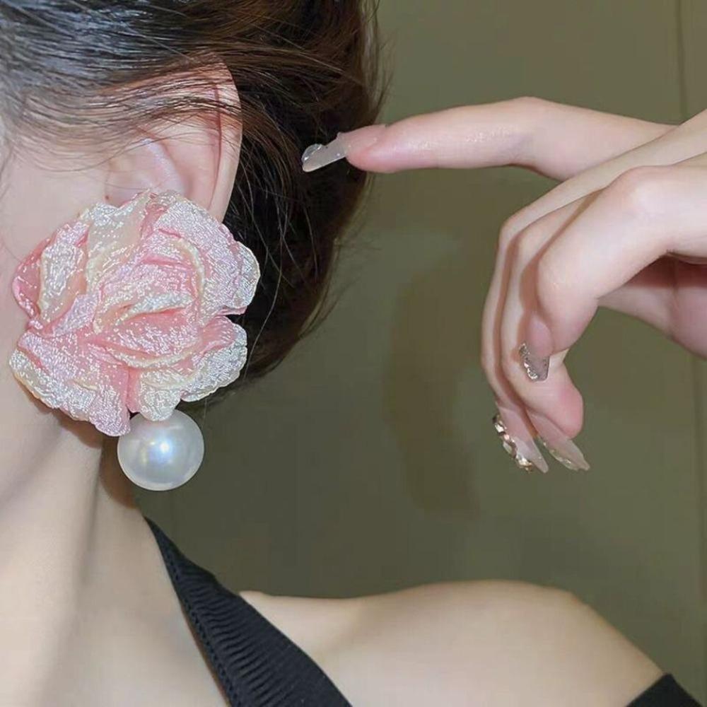 High-quality Camellia Pearl Earrings Senior Pearl Pendientes New Pink Large Flower Earrings Women