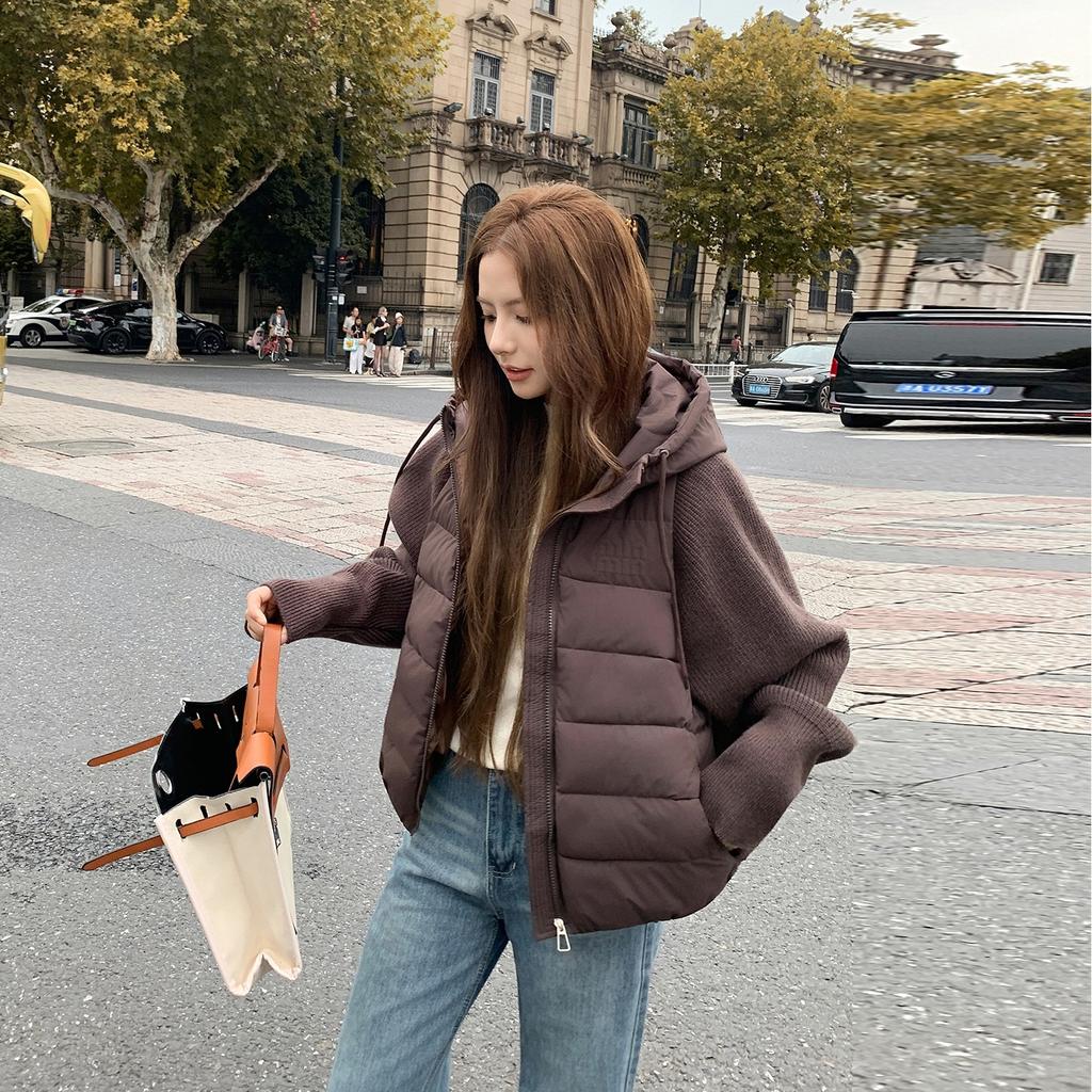 Light and thin knitted splicing polyester cotton clothes, short hooded fake two-piece winter cotton-padded clothes, loose coats, trendy