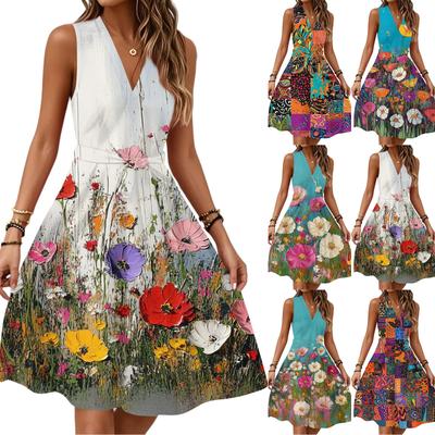 Женское весенне-летнее повседневное платье миди с V-образным вырезом без рукавов и цветочным принтом на талии