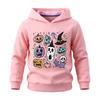 Kids hooded sweatshirt with cute Halloween doodle pumpkin ghost print, soft fabric, loose fit, great for Halloween parties and daily holiday outfits.