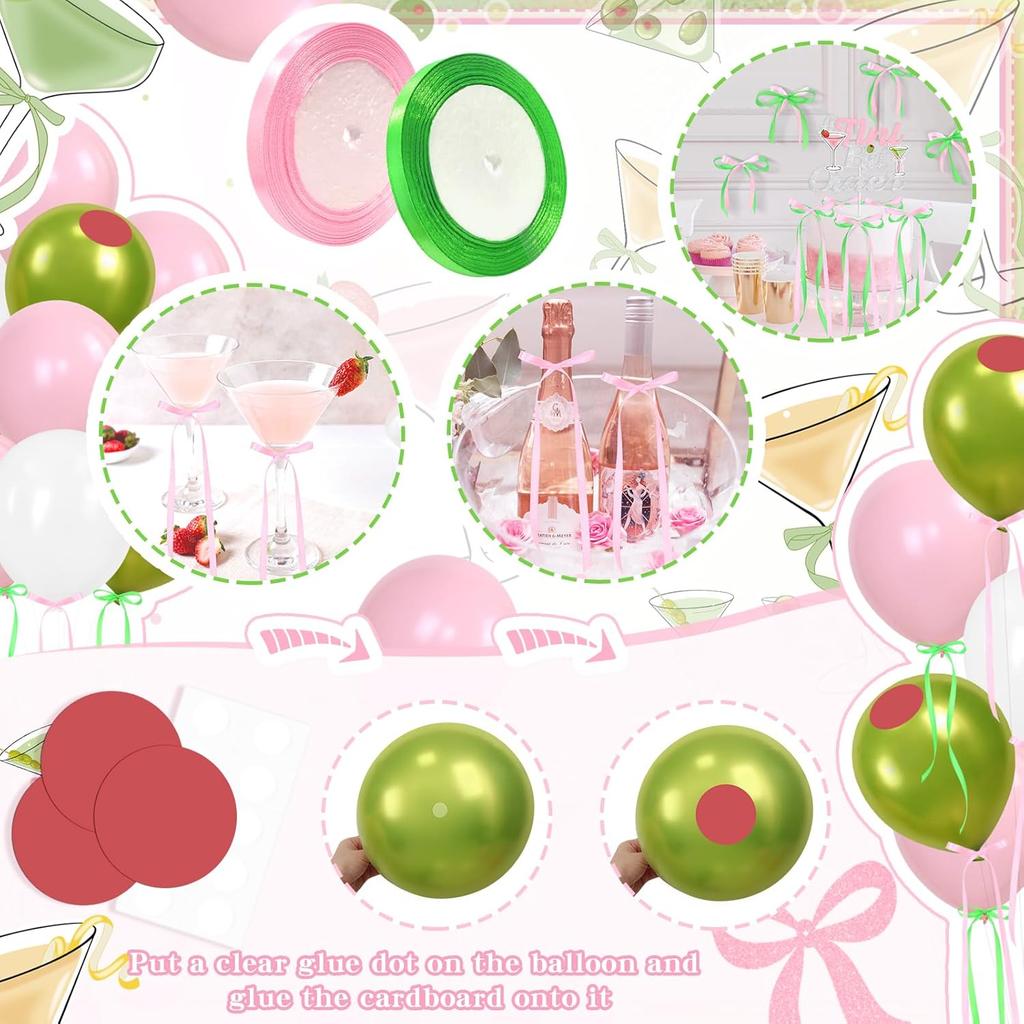 Martini Bow Birthday Party Decorations, Green Pink Glitter Happy Birthday Banner Garland Cake Topper Balloons for Girls Women Trendy Martini Bar