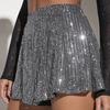 Women Sequin Shorts Elastic High Waist Loose A-line Pure Color Ultra Short