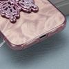 For iPhone 16 Case Butterfly Kickstand PC+TPU IMD Phone Cover with Lens Film / Beaded Strap - Feather Pattern / Pink