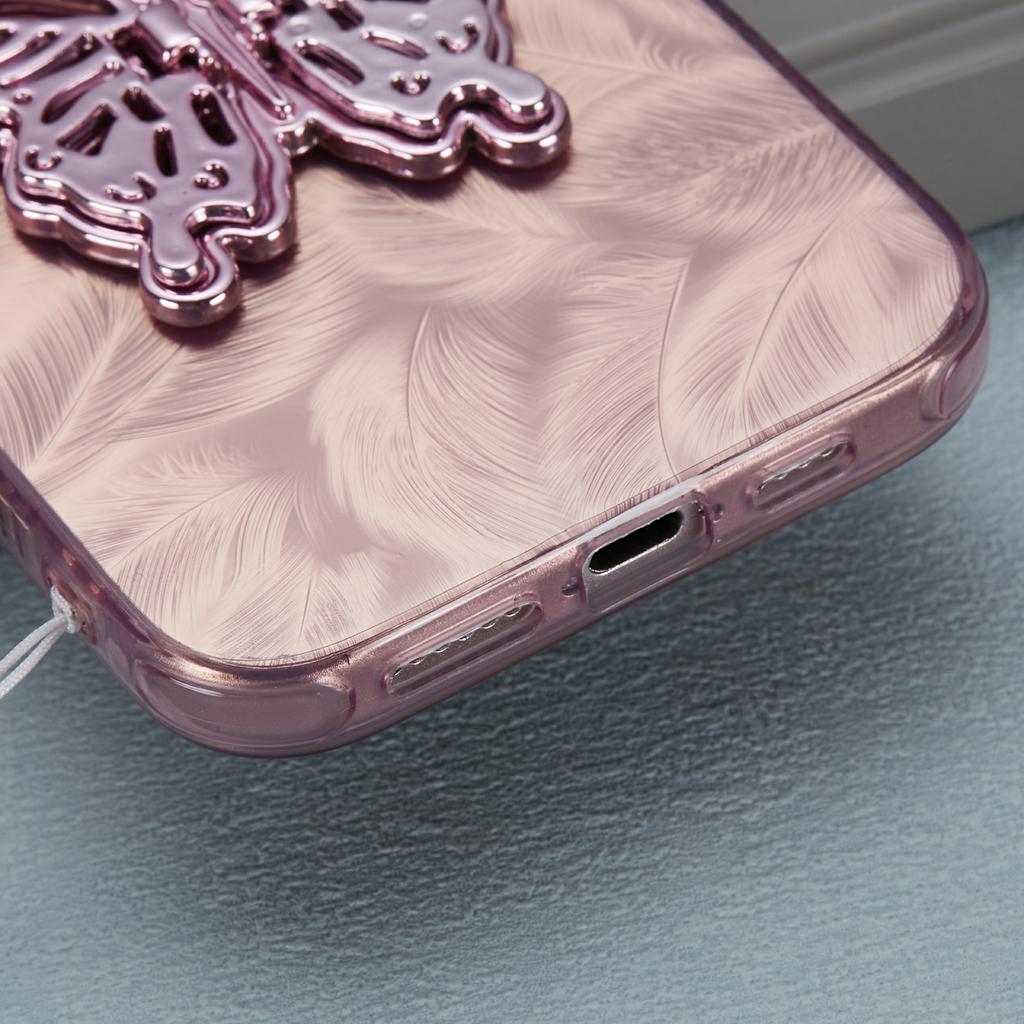 For iPhone 16 Case Butterfly Kickstand PC+TPU IMD Phone Cover with Lens Film / Beaded Strap - Feather Pattern / Pink