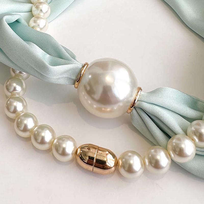 Magnetic Narrow Elegant Satins Neck Scarf Wrap With Pearls Chain Necklace And Buckle For Women Vintage Floral Silk Neckerchief