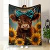 "Highland Cow with Bow and Sunflowers Flannel Blanket for Bedroom, Living Room, Sofa, and Nap