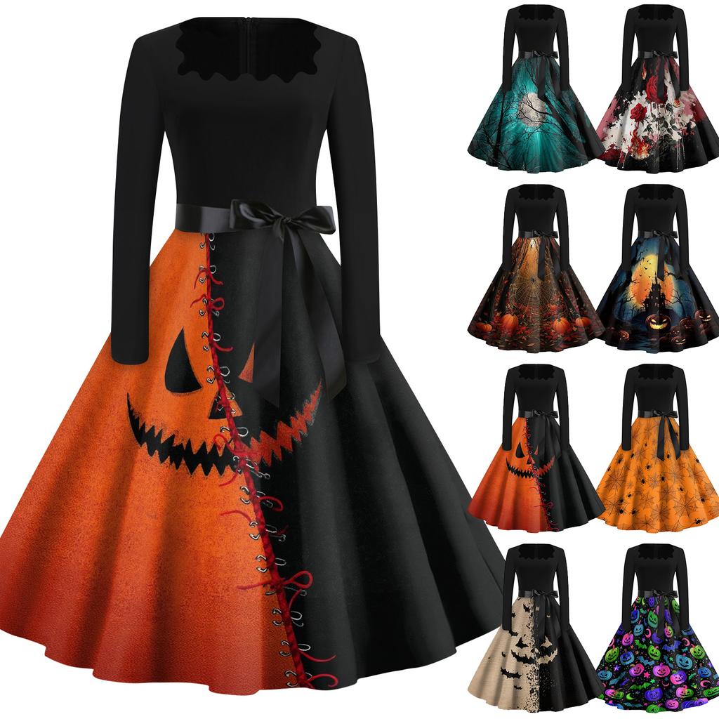Women's Casual Vintage Halloween Dress Long Sleeve Square Neck Fit and Flare Midi Dress with Printed Skirt and Waist Tie