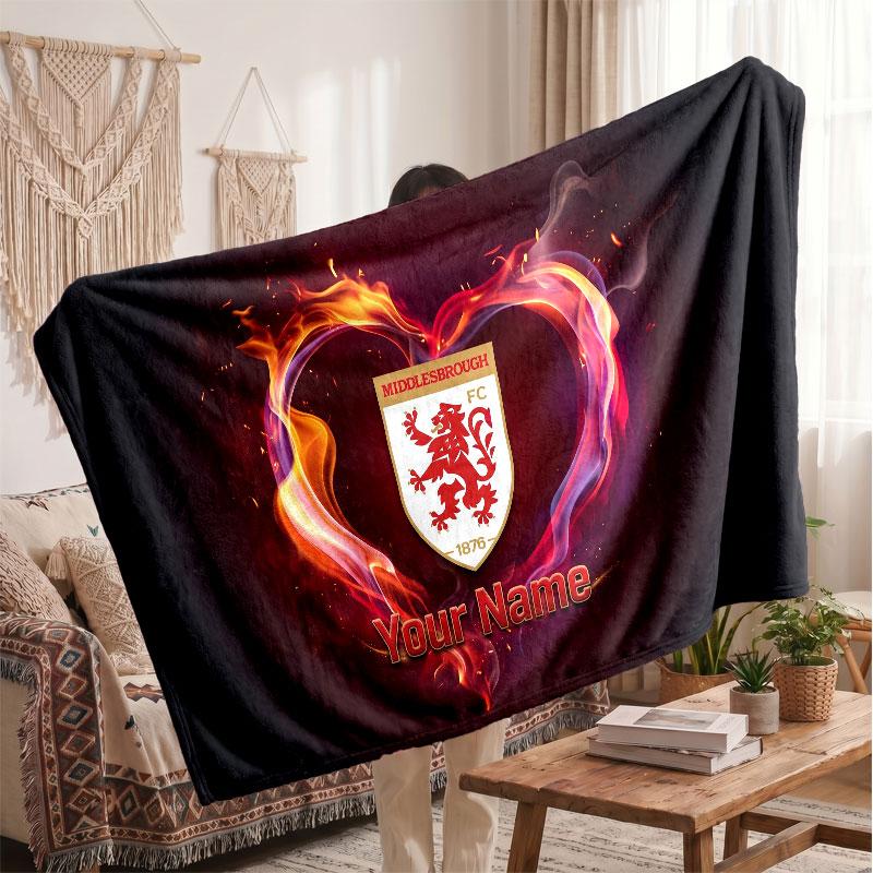 Middlesbrough FC Personalized Fleece Blanket With Football Logo, Custom Name Text Soft Warm Home Throw Blanket