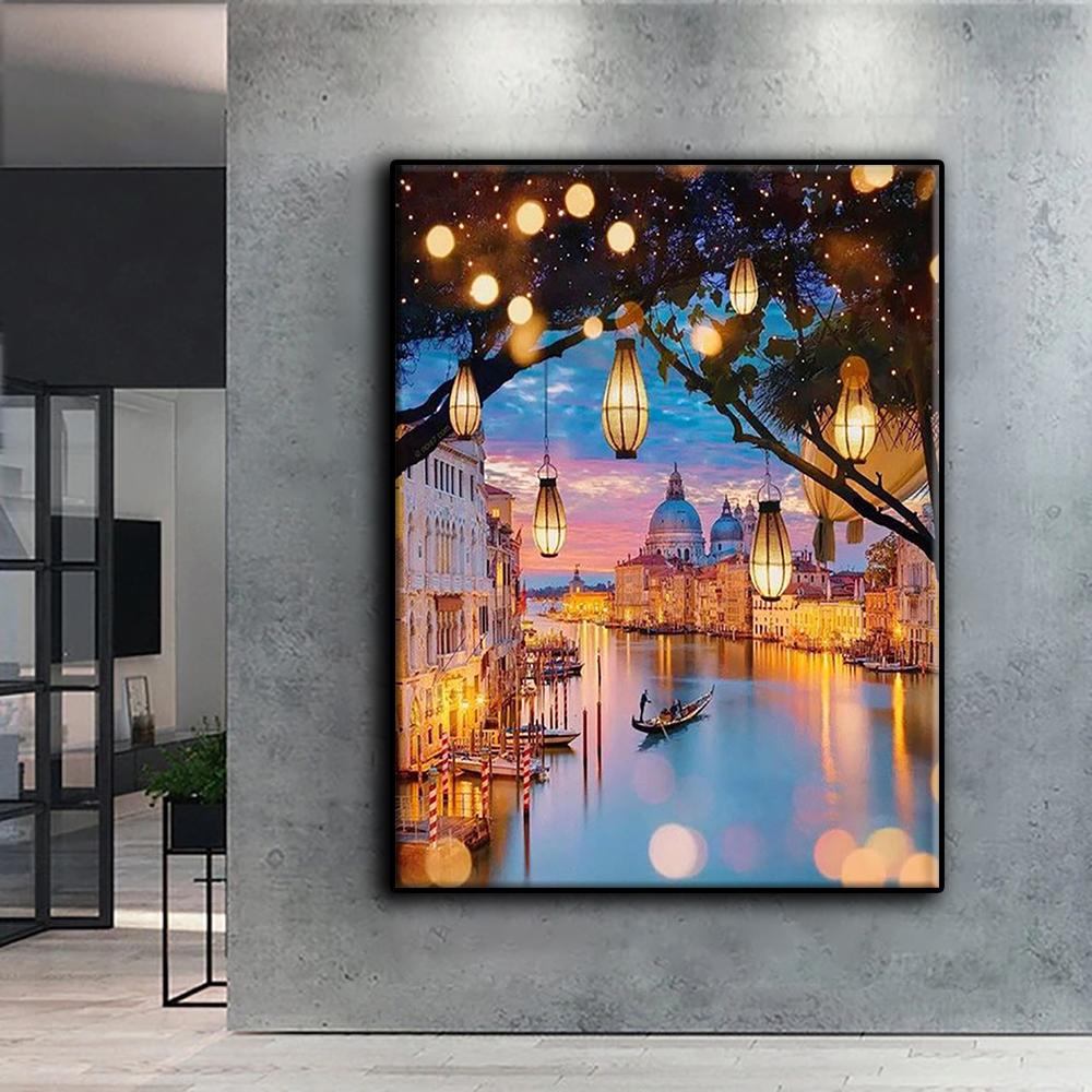 Алмазная вышивка Венеция Пейзаж Огни Ночная сцена 5D DIY Алмазная картина Вышивка крестом Горный хрусталь