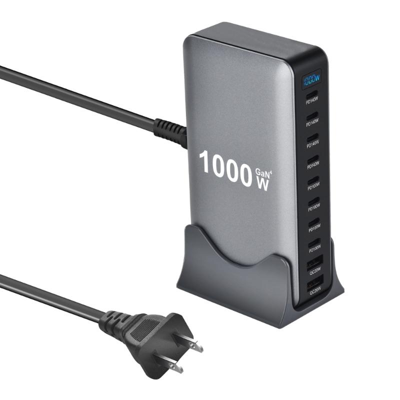10-портовое USB-C зарядное устройство 1000 Вт, технология нитрида галлия, универсальная совместимость, компактный дизайн для нескольких электронных устройств