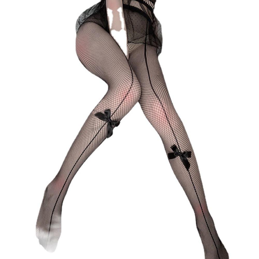 Japanese Fun Fishnet Socks Long Tube Over Knee Bow Bottom Pantyhose Sexy Vertical Line Women's Black Thin Summer