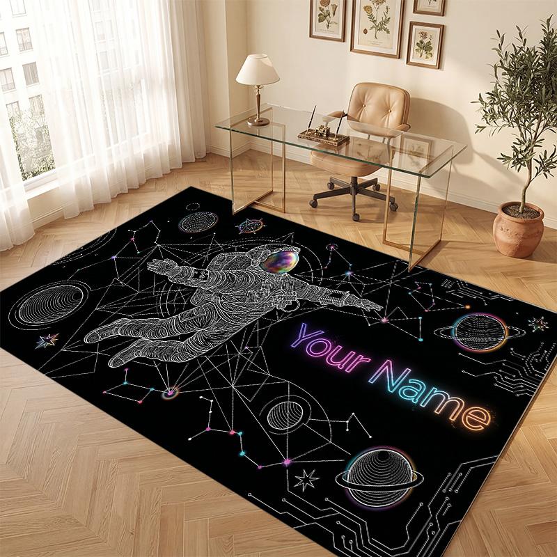 Astronaut Space Theme Soft Crystal Velvet Rug Custom Name & Text Print Non Slip Floor Rug for Bedroom Living Room