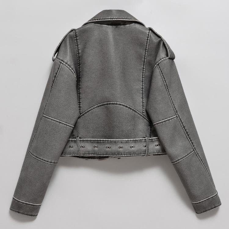 Spring Autumn Women Loose Zipper with Belt Retro Faux Leather Short Jacket Streetwear Female Chic Vintage Coat Outwear
