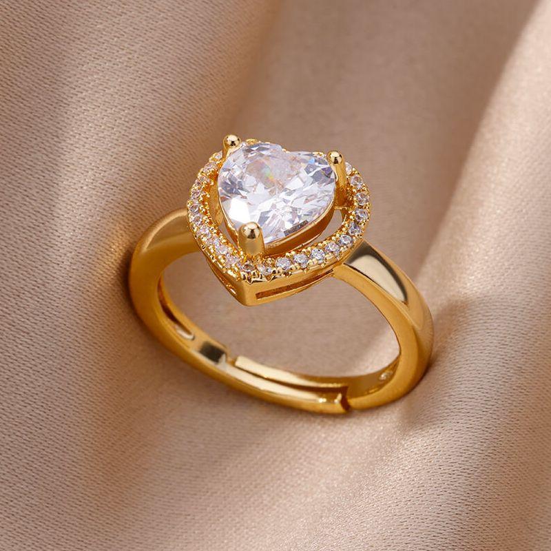 Кольца-сердечки из нержавеющей стали для женщин с цирконом, позолоченное, регулируемое кольцо, женские аксессуары для свадебной вечеринки, ювелирный подарок