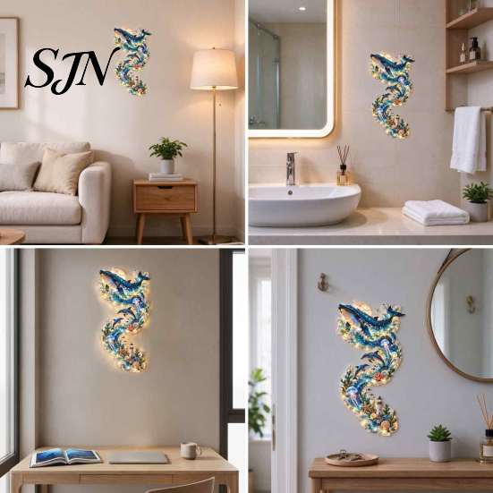 Ocean Themed Room Decor 2D Acrylic Whale LED Wall Decor, Nautical Sea Animal Art Simple Installation Sconce with Warm Light, Coastal Style Ornament