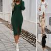 Women's Autumn and Winter Sexy Slim V-neck Split Sweater Dresses