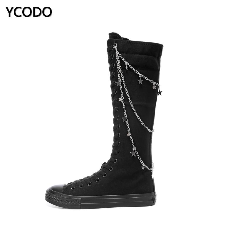 Spring Autumn Women Boots Canvas Mid Calf Boots Casual High Top Shoes Long Boots Lace Up Zipper Comfortable Flat Boots Size 34-43