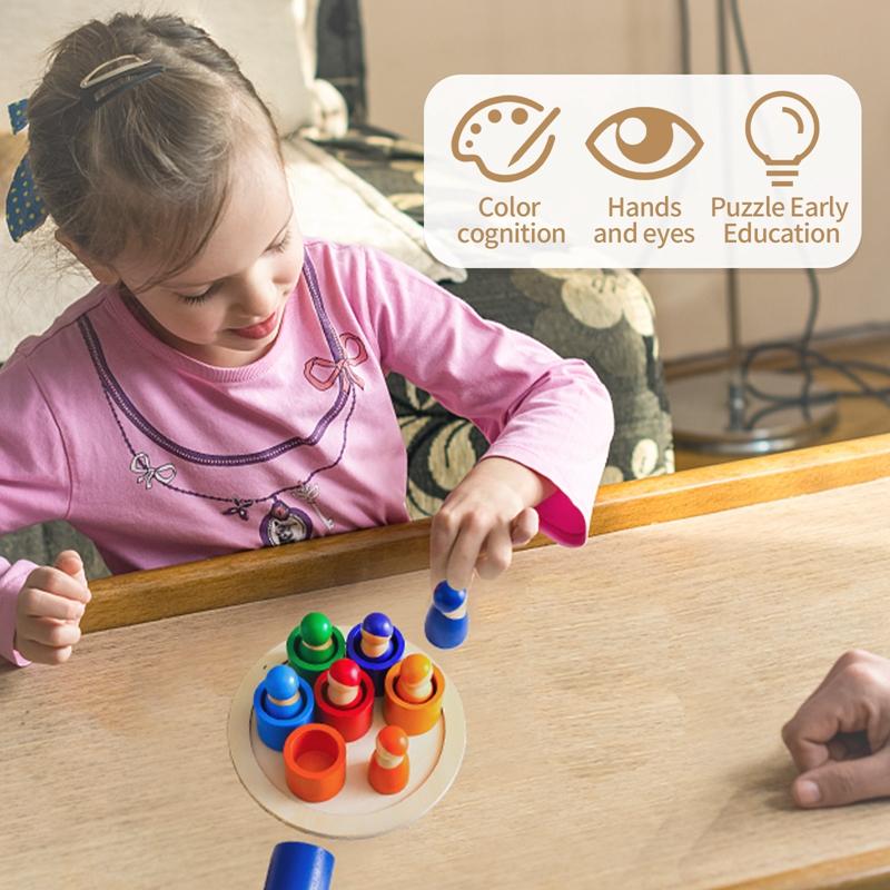 Montessori Rainbow Doll Wooden Toy Natural Wood Baby Hands-on Education Toy Puzzle Game Rainbow Building Block Children's Toy