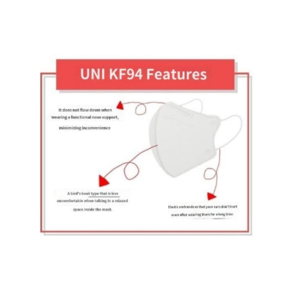 UNI 2D Bird Beak Type Mask Large KF94, 50pcs, White, 1 Set(individual Packaging)