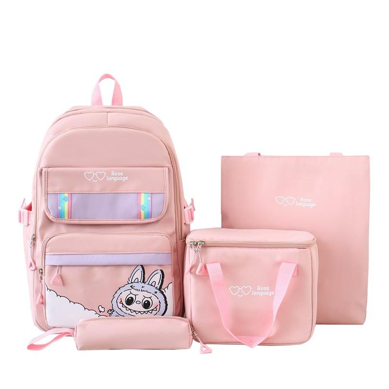 New Student Schoolbag Large Capacity Cartoon Four Piece Set Backpack Cute Primary and Secondary School Students Backpack Meal Bag Tutoring Bag