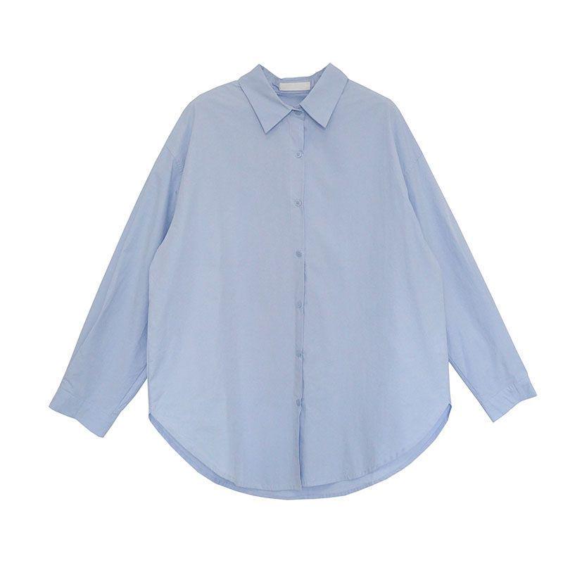 Женская синяя рубашка с длинным рукавом - Универсальная в корейском стиле для многослойности весной и осенью
