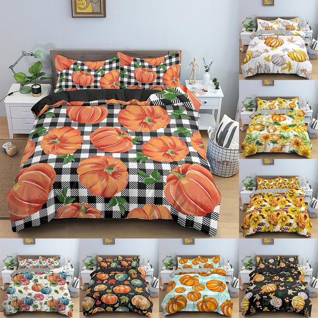 Bedding Set Evil Maple Leaf Pumpkin Theme Print Quilt Cover and Pillowcase 2/3 Pieces EU/US/AU/UK Single Double Bed Home Decoration