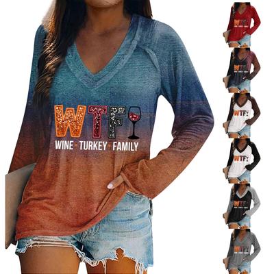 Женская футболка с длинным рукавом, повседневный комфортный топ с v-образным вырезом и принтом