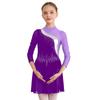 Kids Girls Dance Dress Figure Skating Performance Competition Costume Rhinestones Long Sleeve Dresses