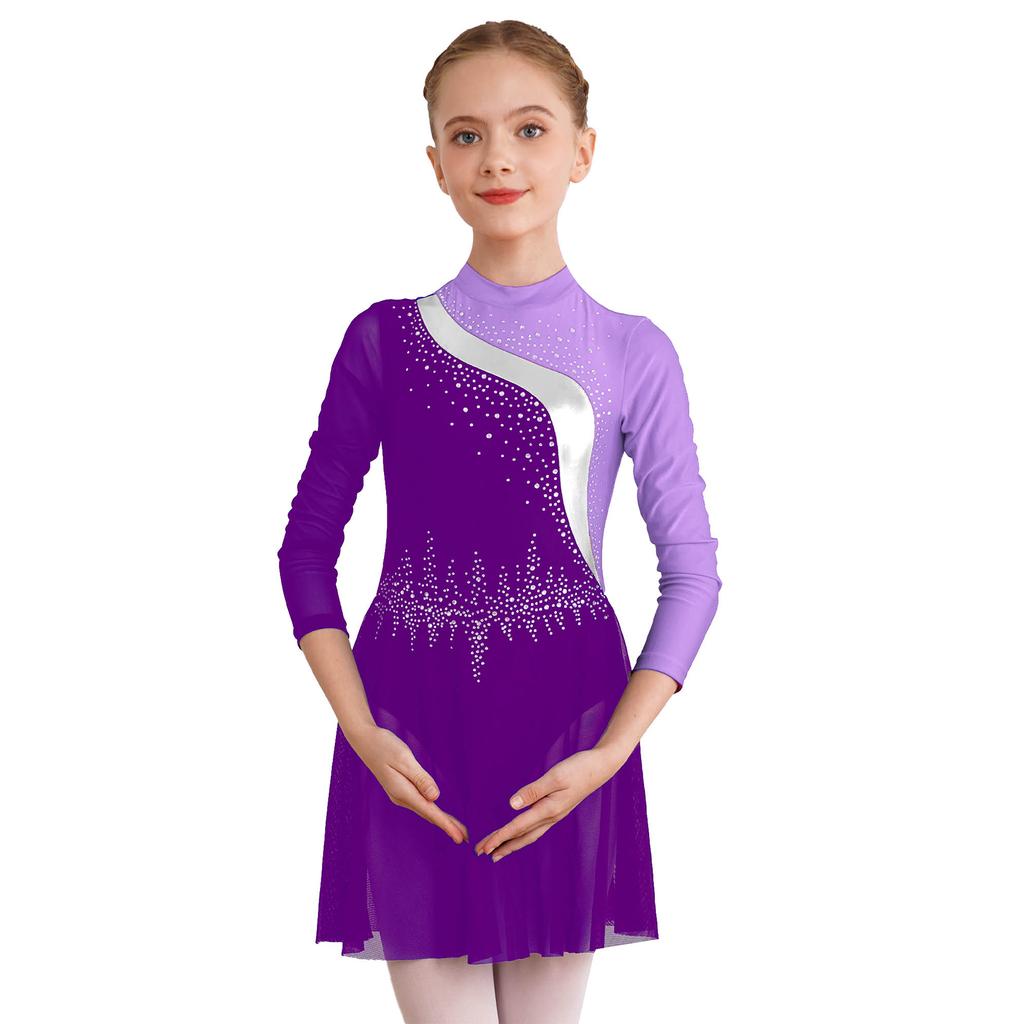 Kids Girls Dance Dress Figure Skating Performance Competition Costume Rhinestones Long Sleeve Dresses
