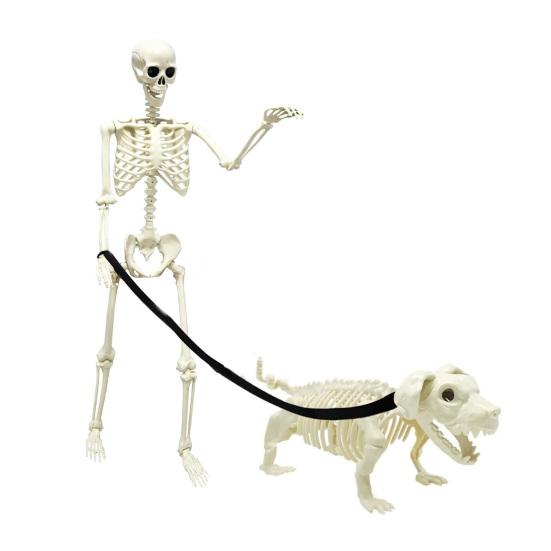 Halloween Skeleton Statue Skeleton Man Walking Dog Resin Ornament Spooky Human Skeleton Figurine for Home Yard Indoor Decoration