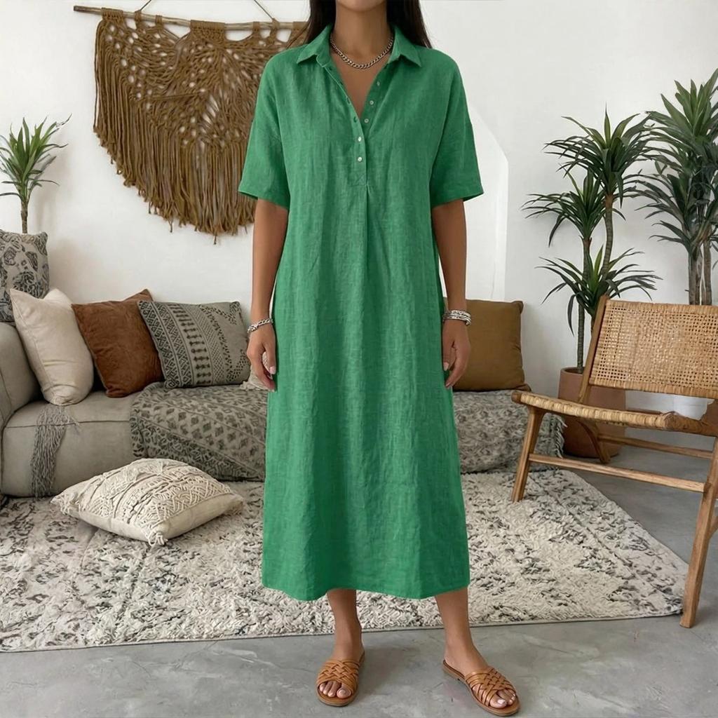 Женское прямое и удобное льняное платье с V-образным вырезом и коротким рукавом