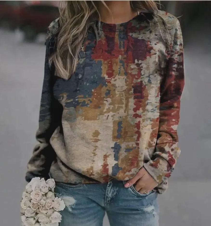 2020 Осень Женская Свободная Толстовка С Длинными Рукавами Круглый Вырез Принт