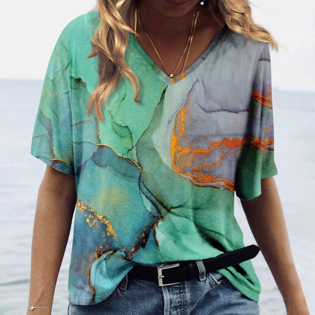 Women's Fashion Casual Printed V-Neck Short Sleeve Top Blouse