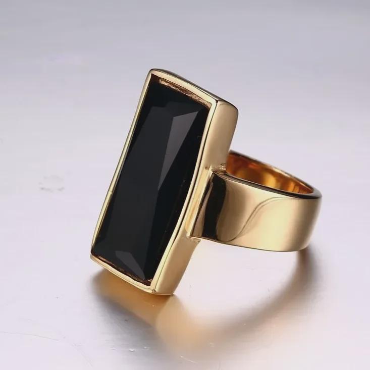 Japanese & Korean Fashion Square Glass Gold Ring In Stainless Steel, Ladies' Design RC-226