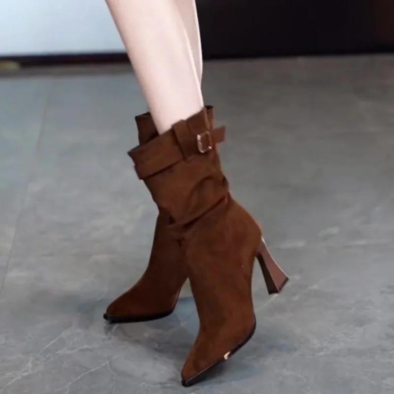 Vintage Women Mid Calf Boots Fashion Pointed Toe Modern Booties Autumn Winter Thick Heel Ladies Shoes Botas Mujer