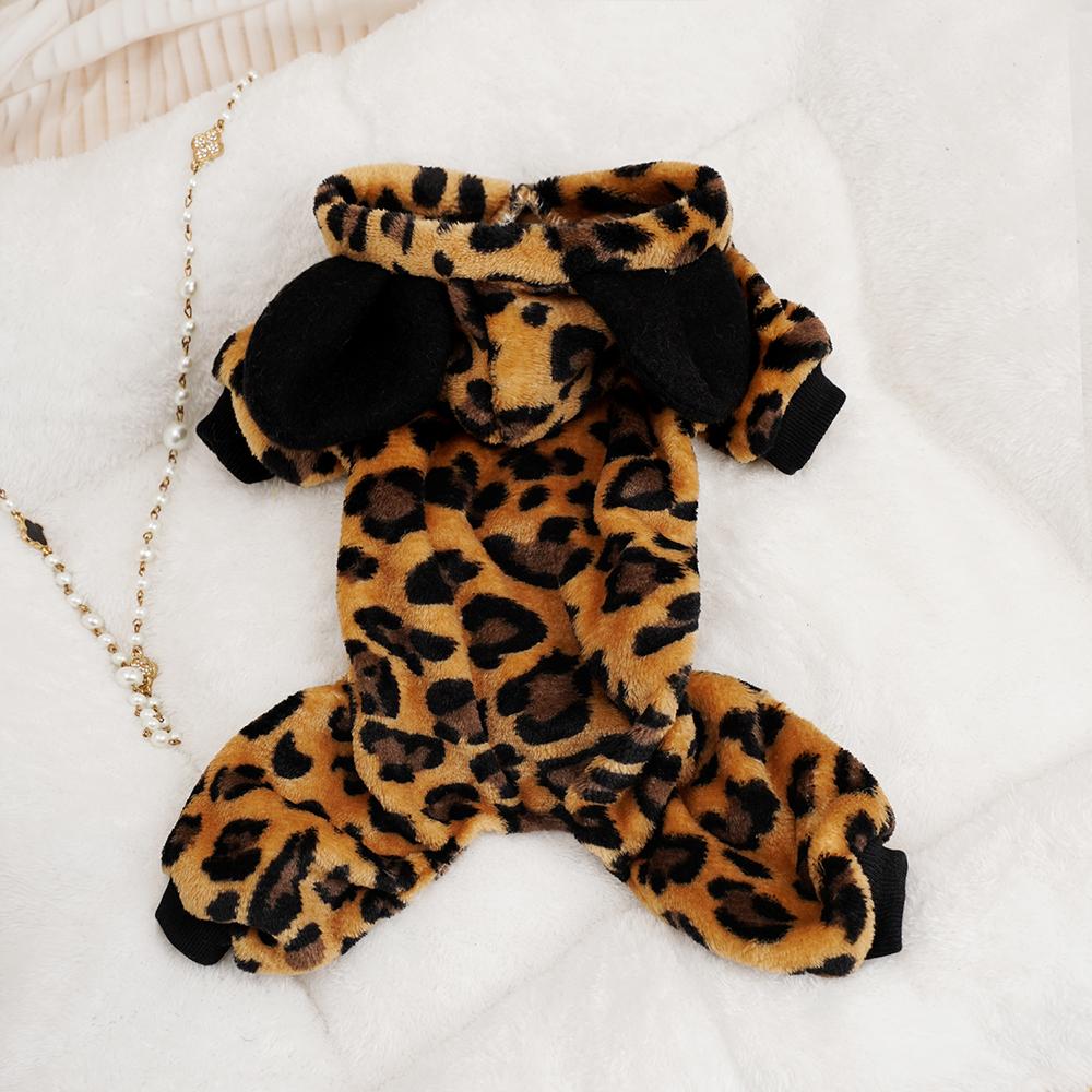 Cute Dog Jumpsuit Warm Dog Clothes Coat Winter Pet Puppy Leopard Hoodie Jacket Soft Outfit for Small Medium Dogs Chihuahua Pug