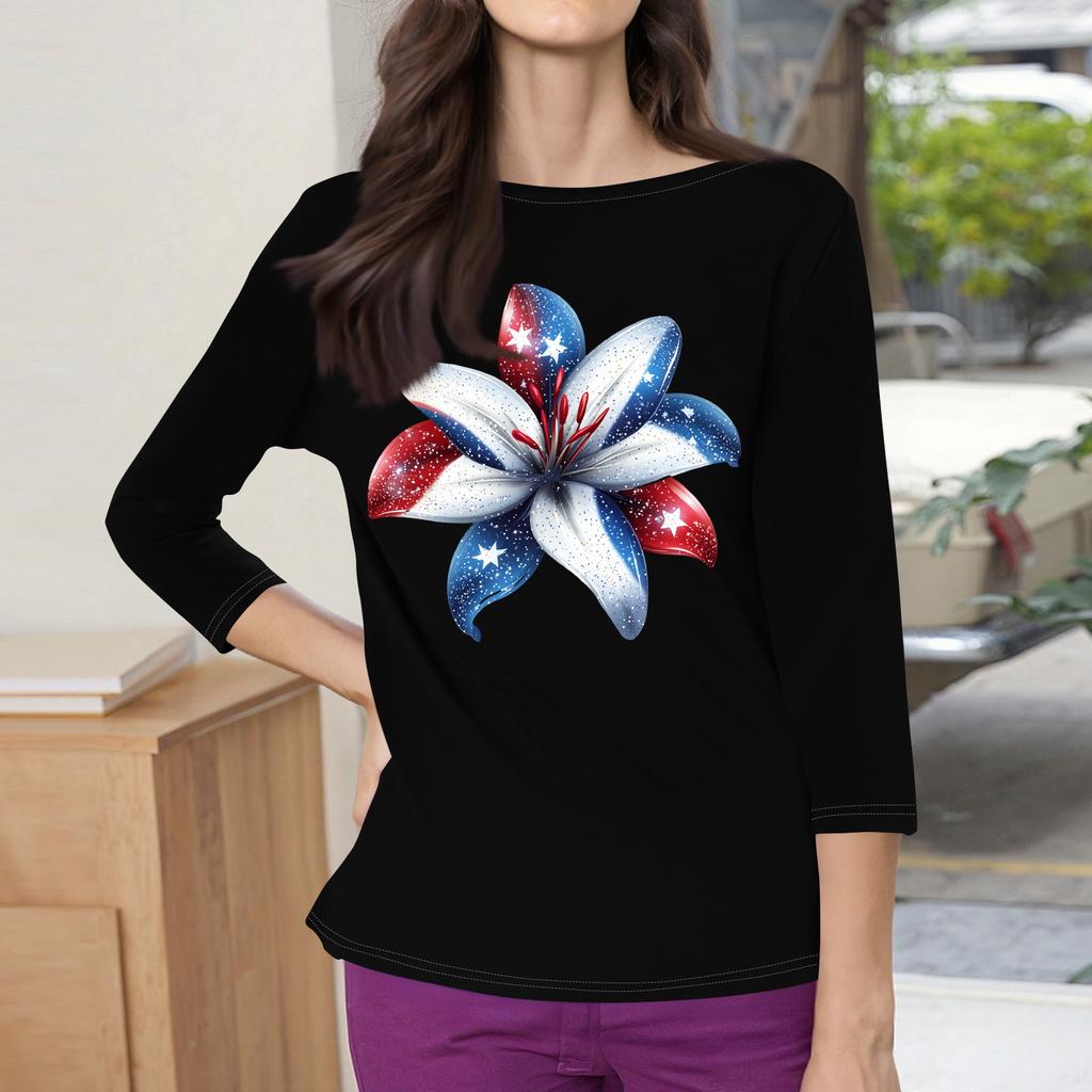 3/4 Sleeve Tops For Women T-Shirt Casual Print Tops T Shirt Round Neck Pullover Blouse