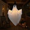 Outdoor Spooky Decor Halloween Hanging Ghost with Witch Hat, Light Up Eerie Glow for Porch Tree, Haunted House Scene Ornament Hat