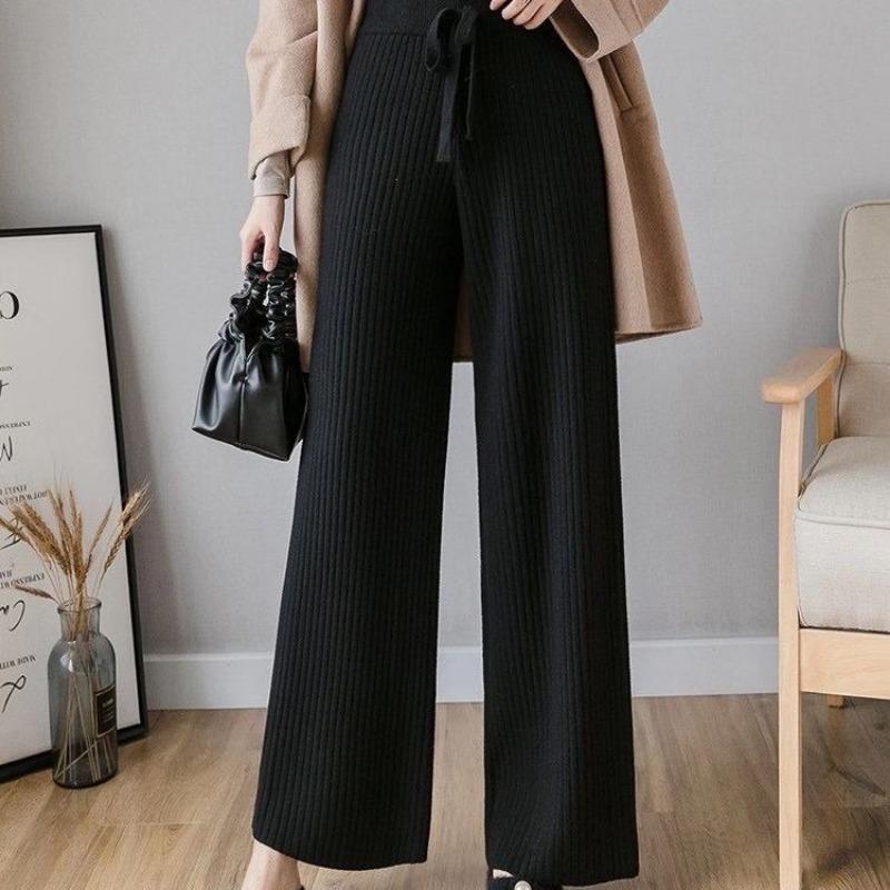 Женские осенне-зимние свободные шерстяные утолщенные трикотажные брюки с высокой талией, широкие длинные