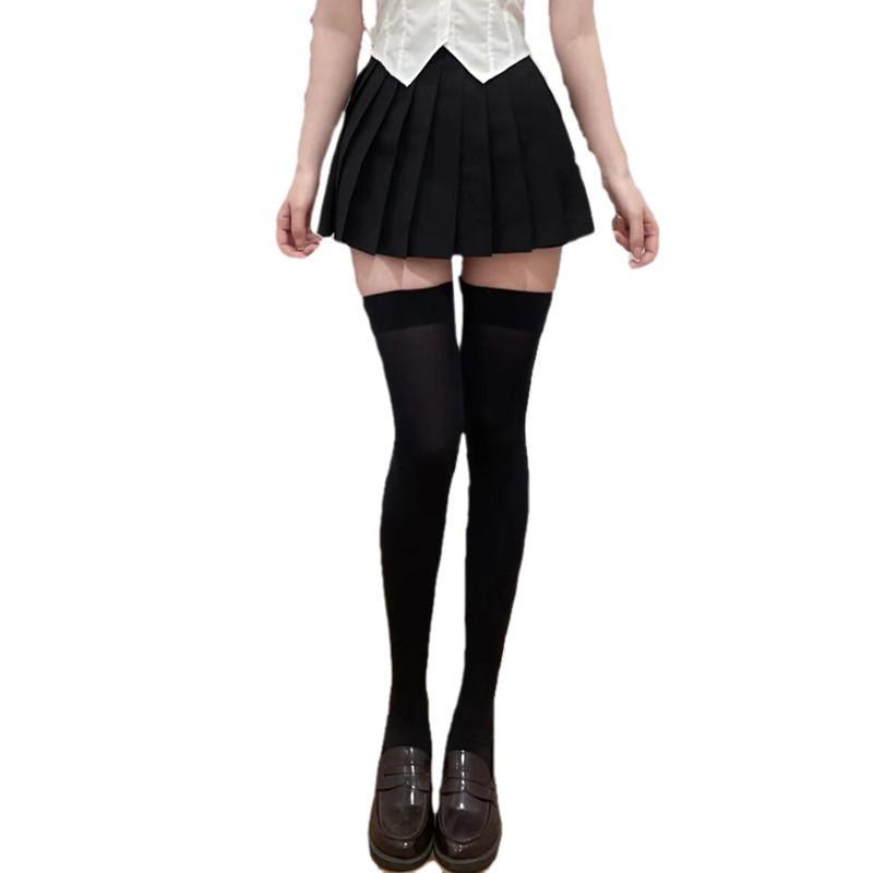 Women's 70cm Over-the-Knee Thin Velvet Compression Socks, Spring/Summer Long Black & White Stockings.