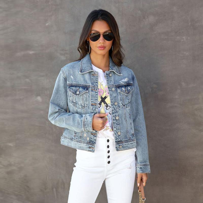 Новая европейская и американская легкая джинсовая куртка с потертостями для женщин, модная повседневная женская куртка с потертыми лацканами