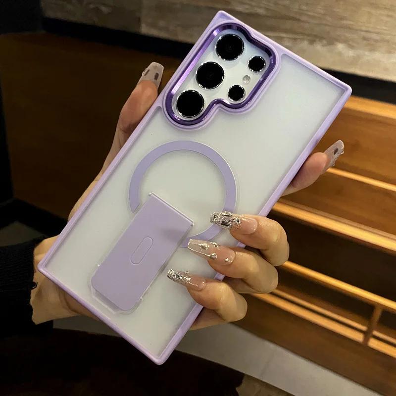 Складная подставка-кронштейн Магнитный чехол для беспроводной зарядки для Samsung S23 S24 S25 S26 Ultra Plus Матовый полупрозрачный Ударопрочный бампер