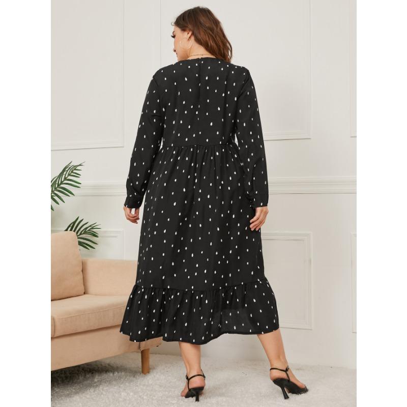 Плюс размер весенне-осеннее женское платье с длинным рукавом с принтом и круглым вырезом