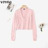 VONDA Autumn Winter Women Long Sleeve Embroidery Casual Short Knitted Sweaters Cardigans