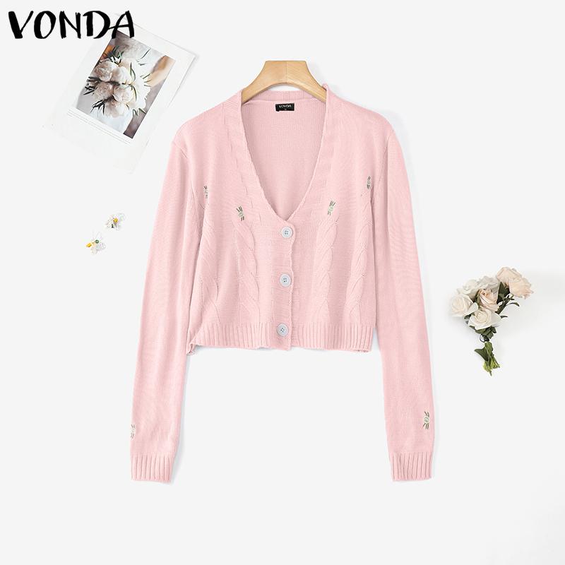 VONDA Autumn Winter Women Long Sleeve Embroidery Casual Short Knitted Sweaters Cardigans