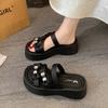 New Outer Wear Muffin Heightened Thick Heel Cool Slippers Leather Thick Bottom One-word Drag Women's Summer New